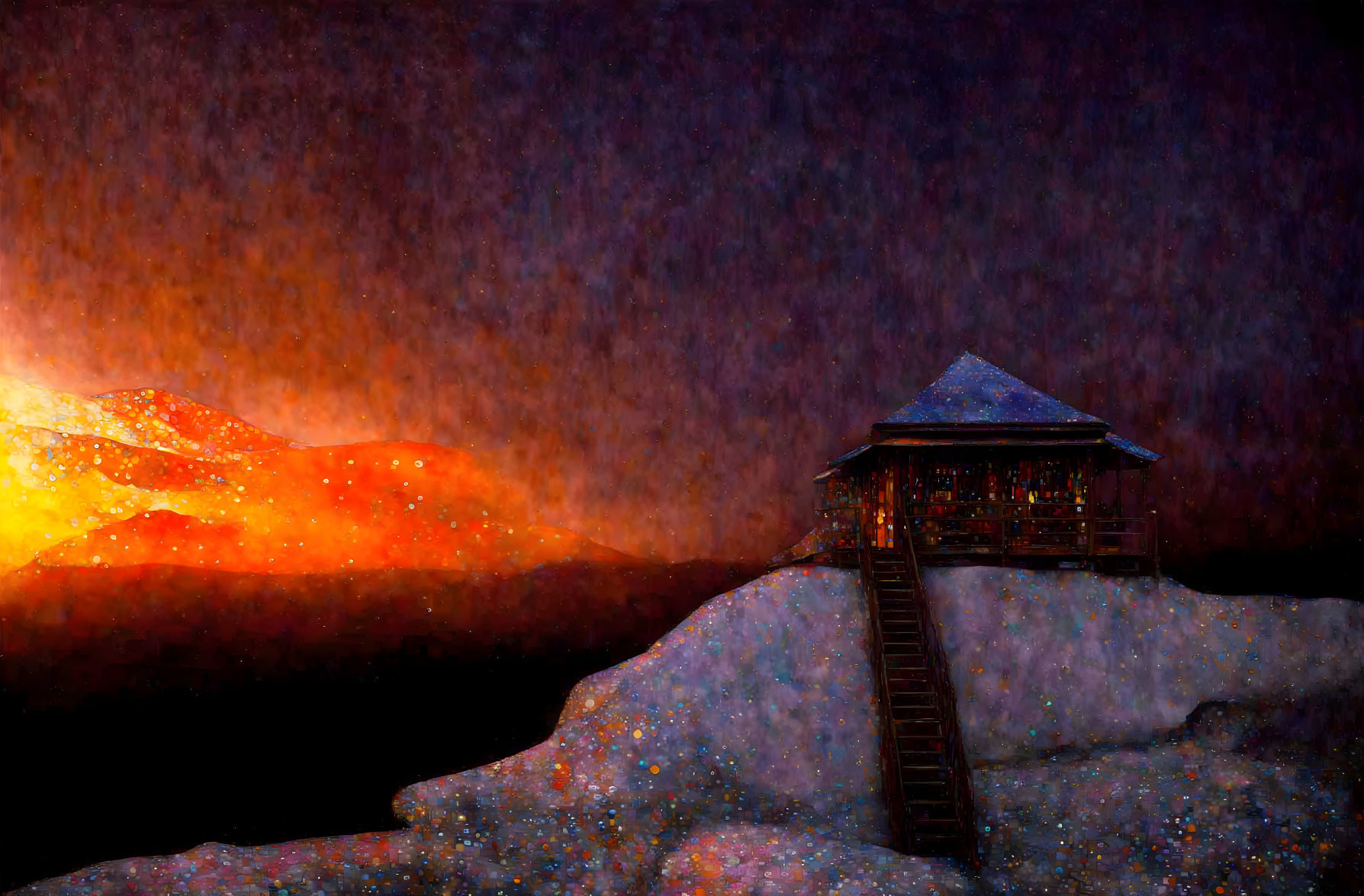 Digitally enhanced image of starry night with rustic hut on rocky outcrop.