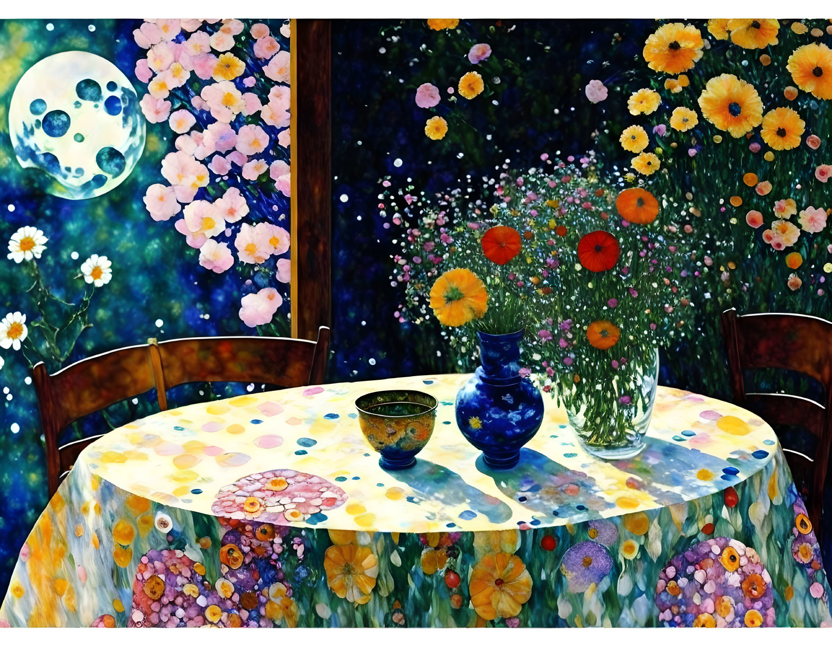 Colorful Floral Arrangement Under Moonlit Sky in Garden