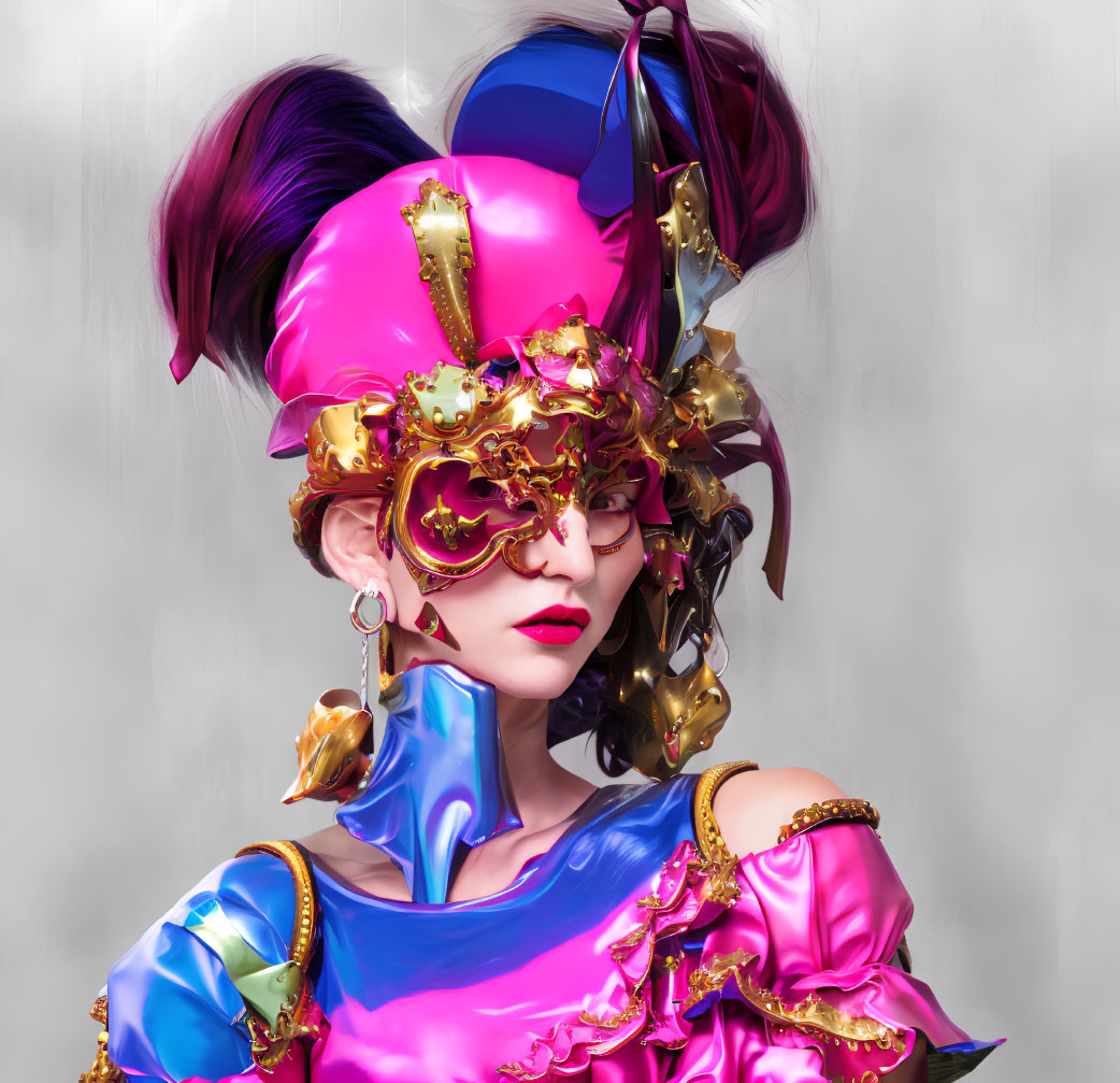 Vibrant purple hair, shiny blue and pink dress, gold heart-shaped mask