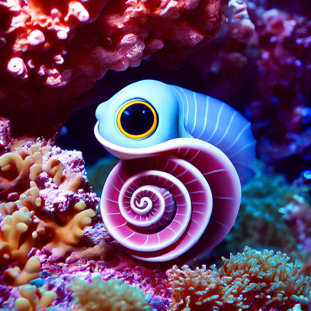 Colorful Spiral-Shelled Creature in Vibrant Marine Scene