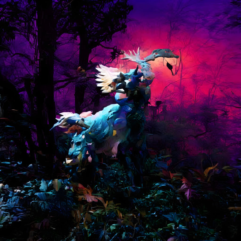 Colorful dragon in neon-lit forest at twilight