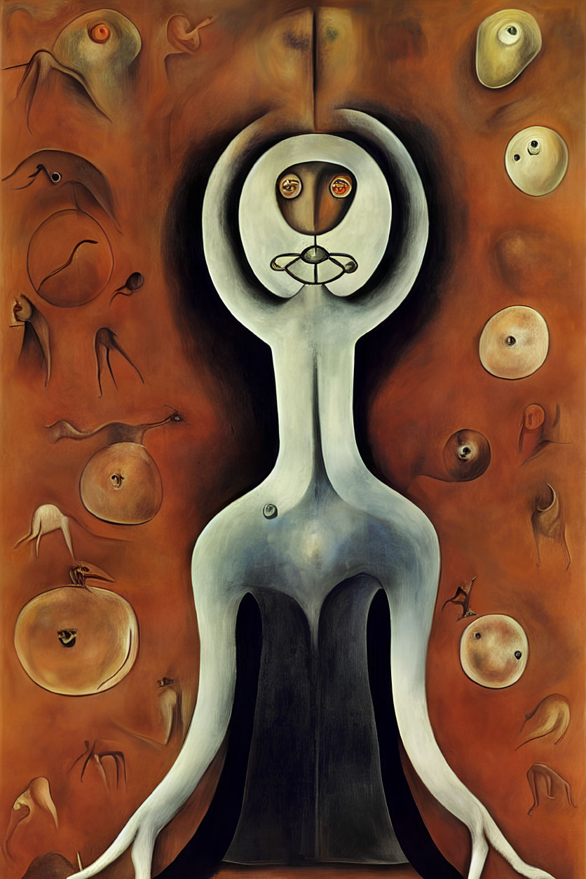 Surrealist Artwork: Slender Figure with Abstract Facial Features and Floating Eye-like Forms on Orange