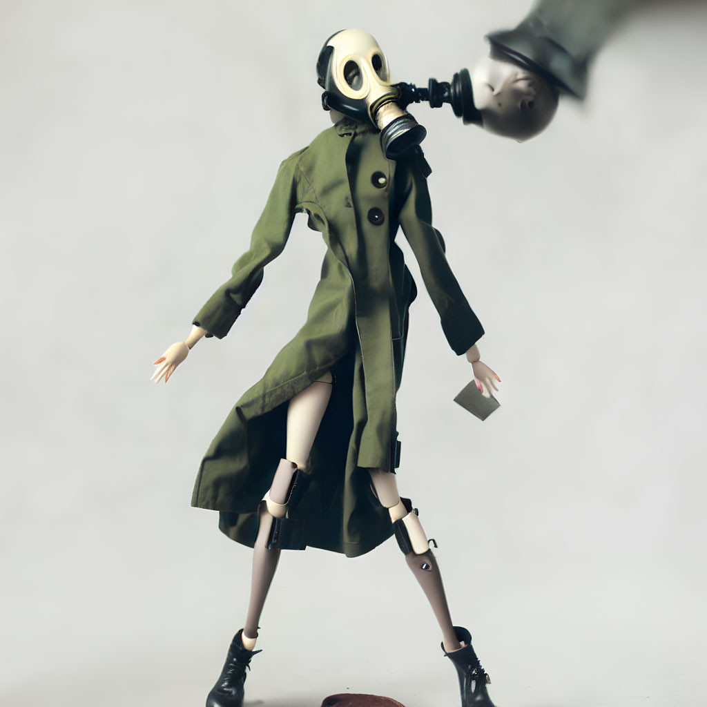 Articulated limbs figurine in gas mask and green coat walking pose