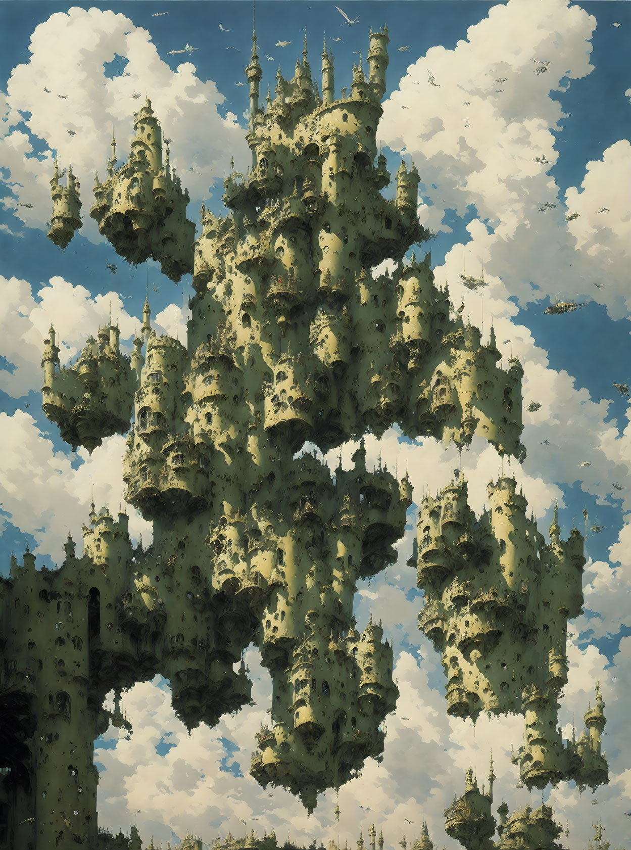 Fantastical floating island with castle-like structures in fluffy clouds