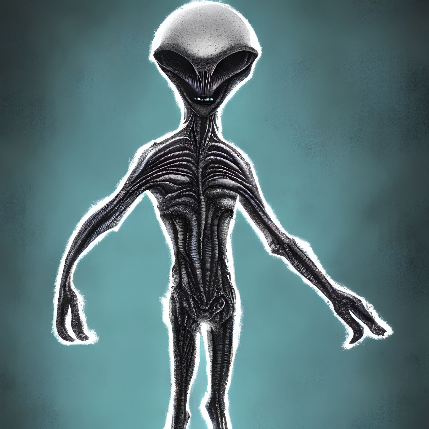 Slender humanoid alien with oversized head and black eyes on blue background