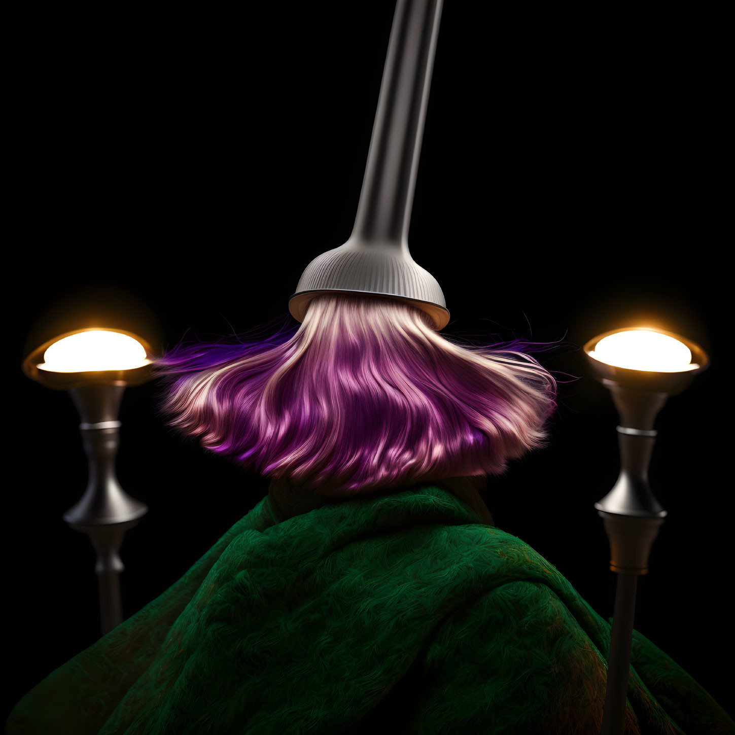 Vibrant purple-haired person in white hat and green cloak between lit lamps