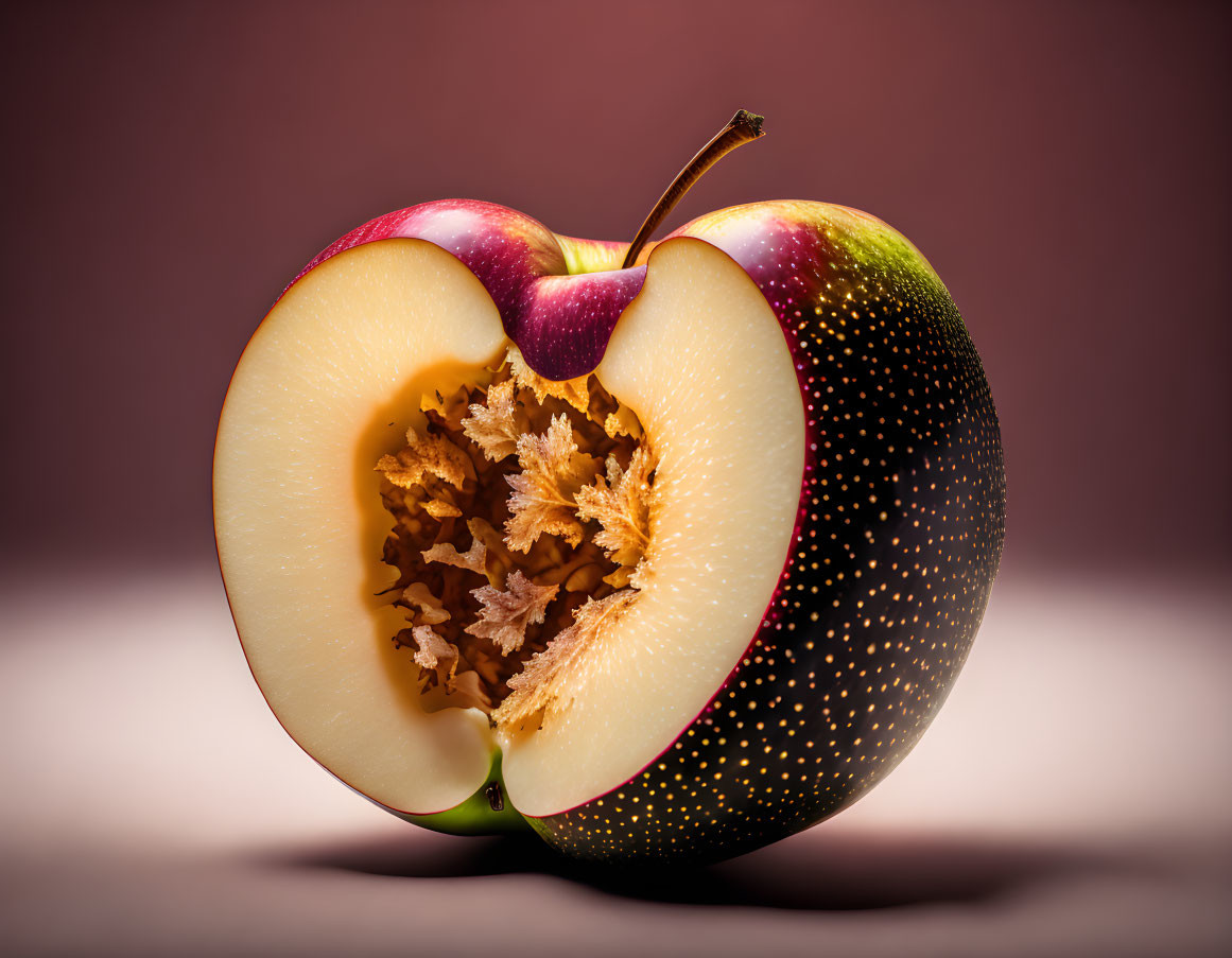 Crisp apple with honeycomb core: modern surreal fruit art