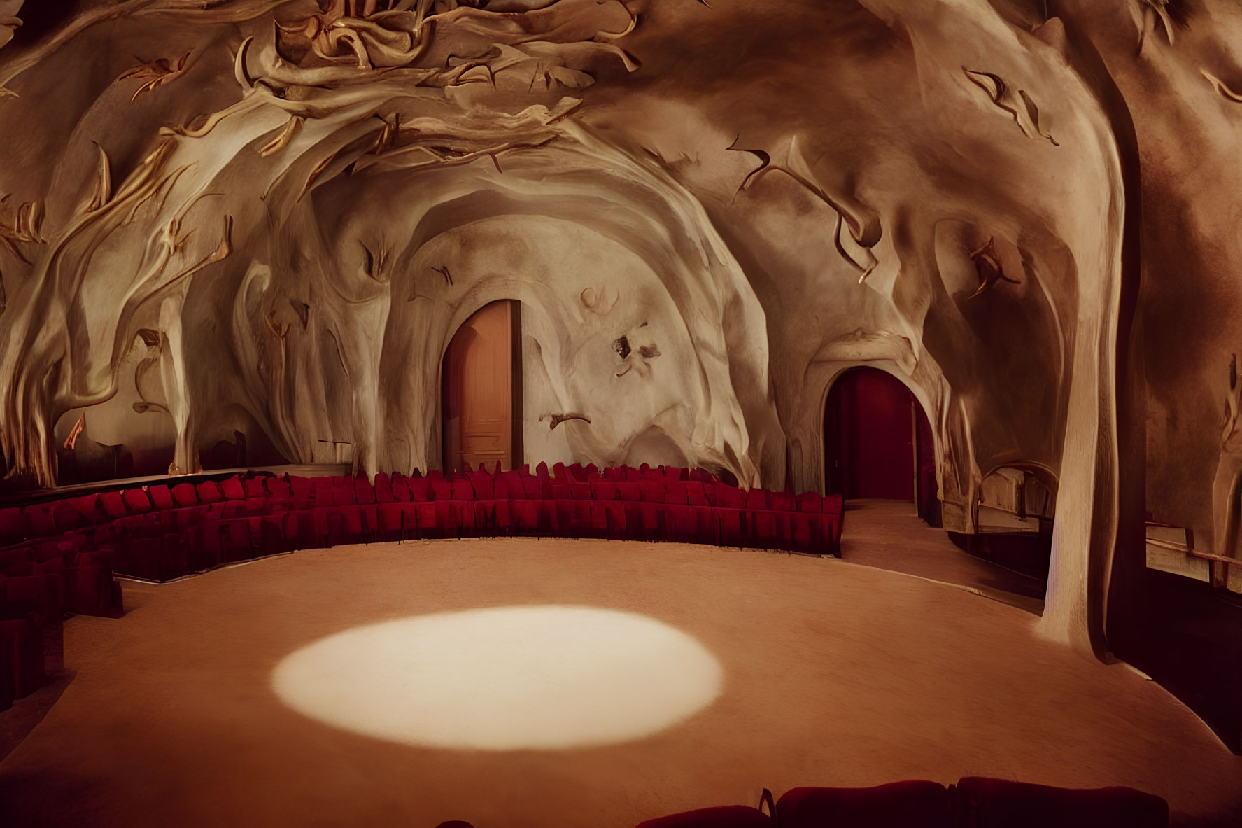 Empty theater with curvy walls, red seating, oval stage, and whimsical ceiling sculptures.