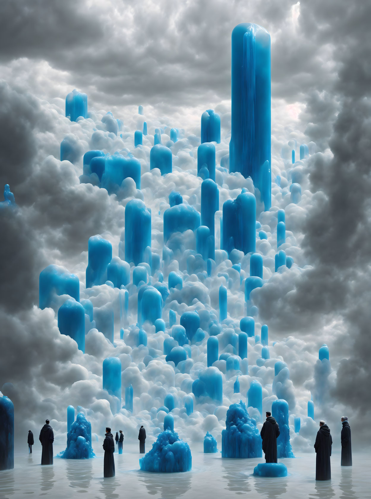 Surreal landscape with towering blue ice-like structures and people under dramatic sky