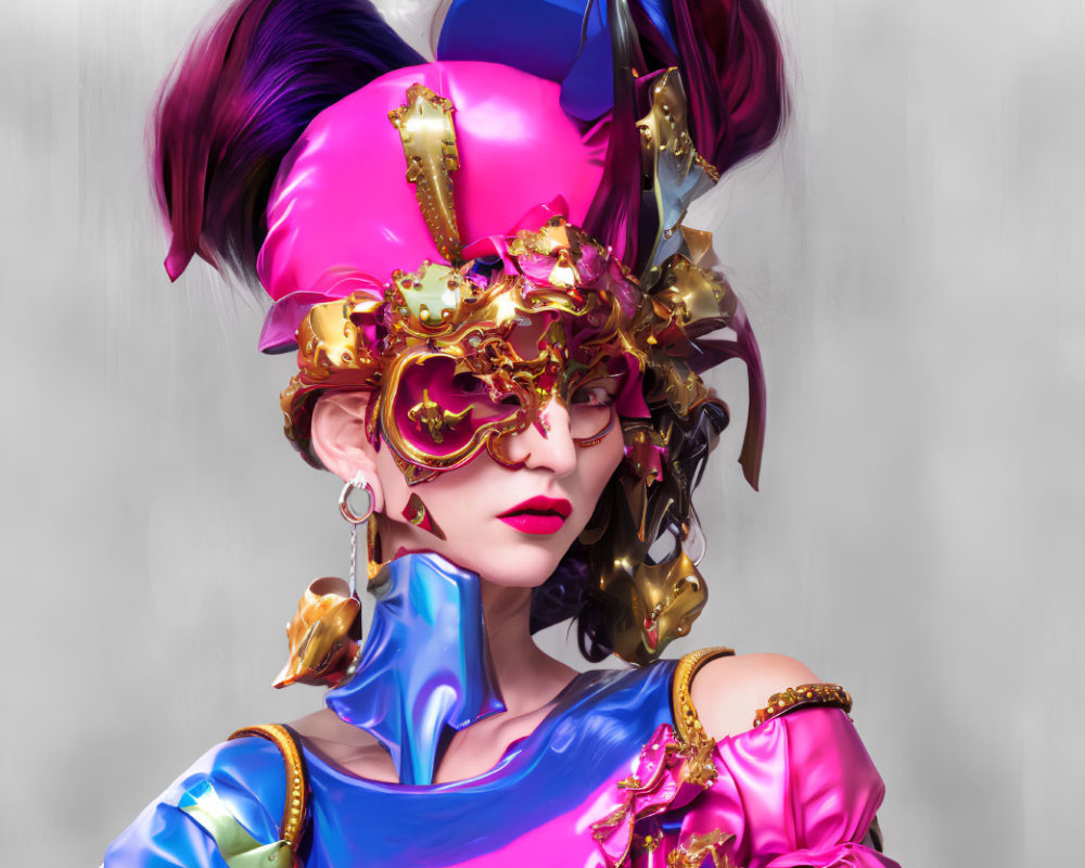 Vibrant purple hair, shiny blue and pink dress, gold heart-shaped mask