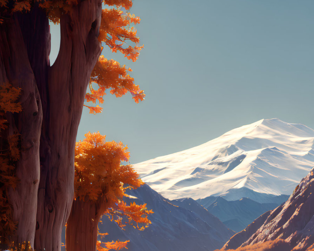 Majestic Trees with Orange Autumn Foliage and Snowy Mountains