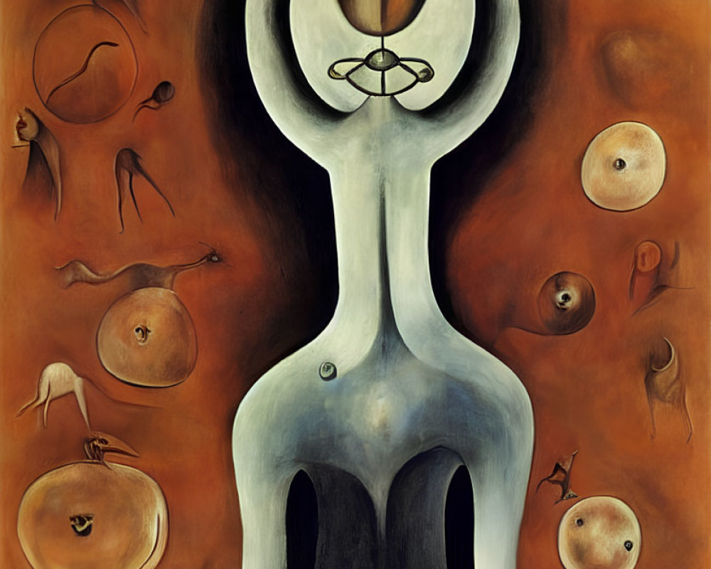 Surrealist Artwork: Slender Figure with Abstract Facial Features and Floating Eye-like Forms on Orange