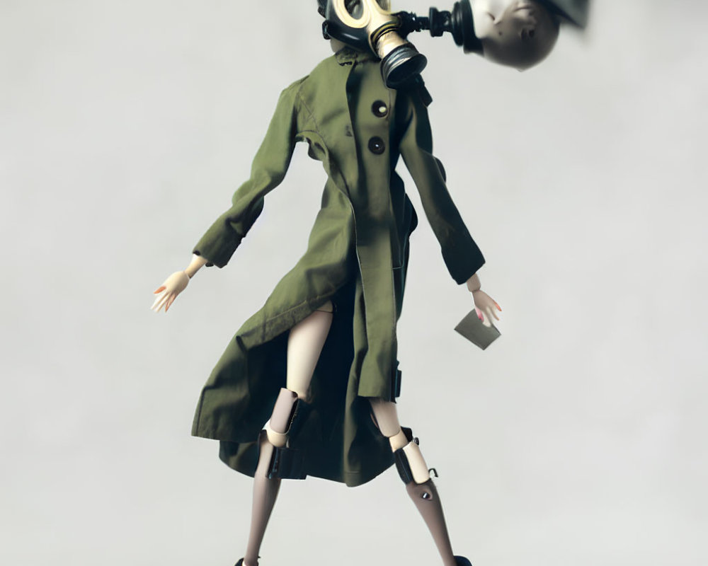 Articulated limbs figurine in gas mask and green coat walking pose