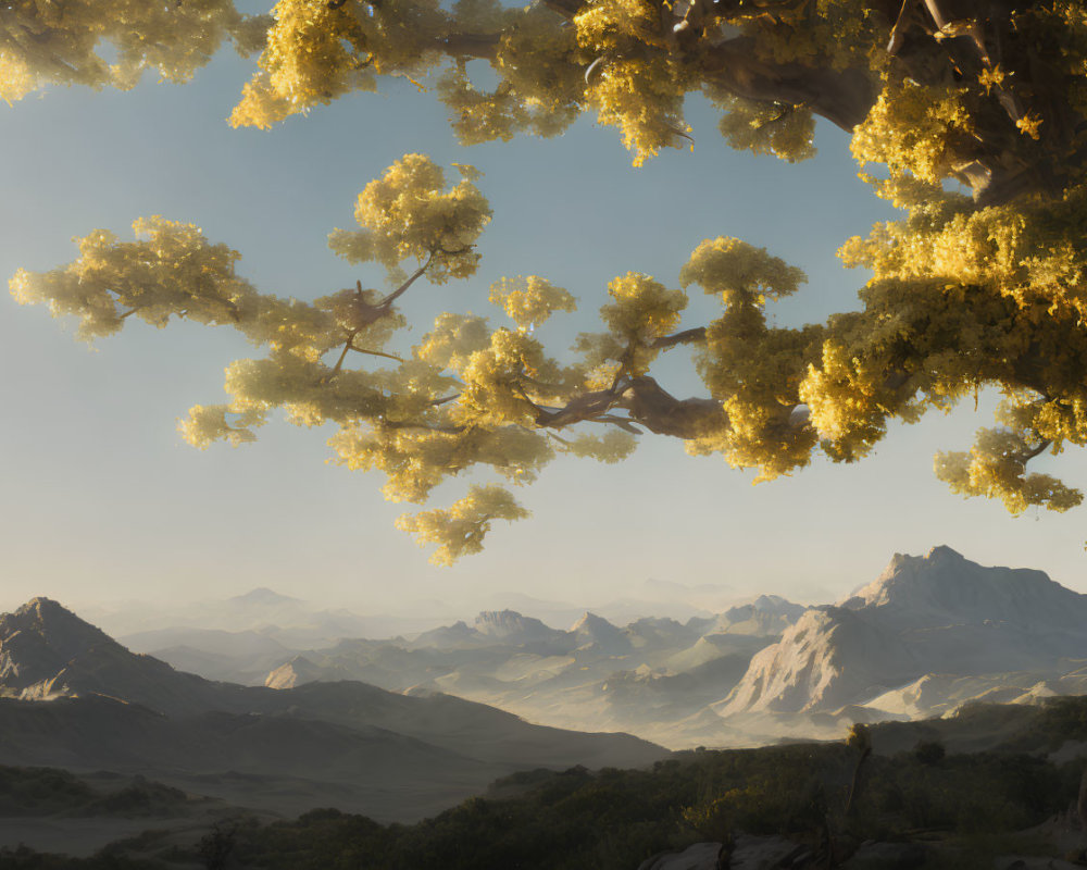 Majestic landscape with flowering tree and hazy mountains