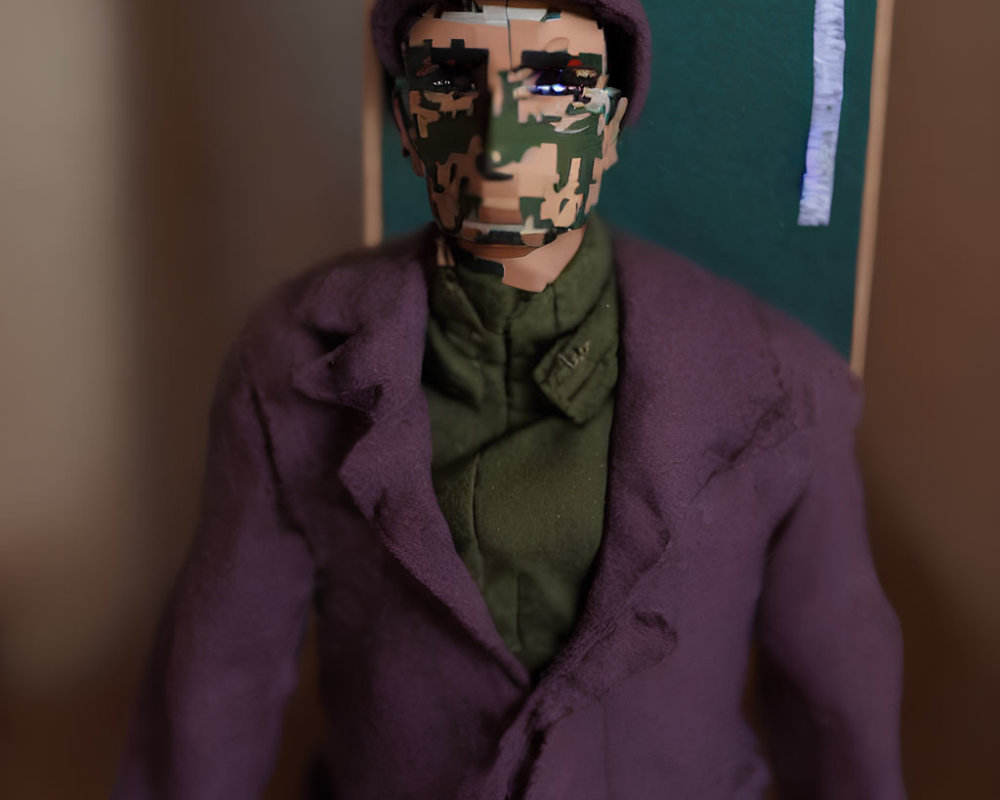 Pixelated Face Figurine in Purple Jacket & Green Shirt on Blurry Background