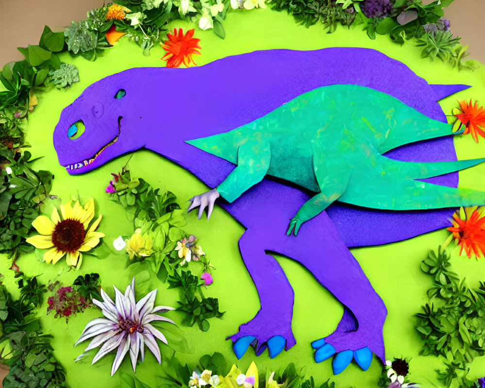 Vibrant purple and green dinosaur in floral setting