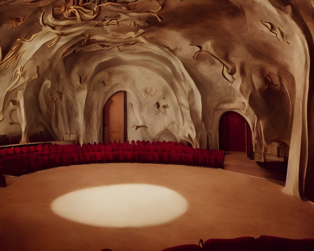 Empty theater with curvy walls, red seating, oval stage, and whimsical ceiling sculptures.