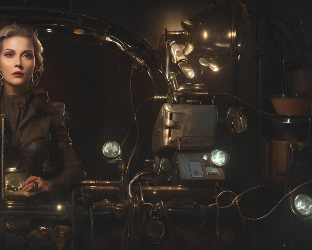 Woman in brown leather outfit with steampunk robot in vintage setting