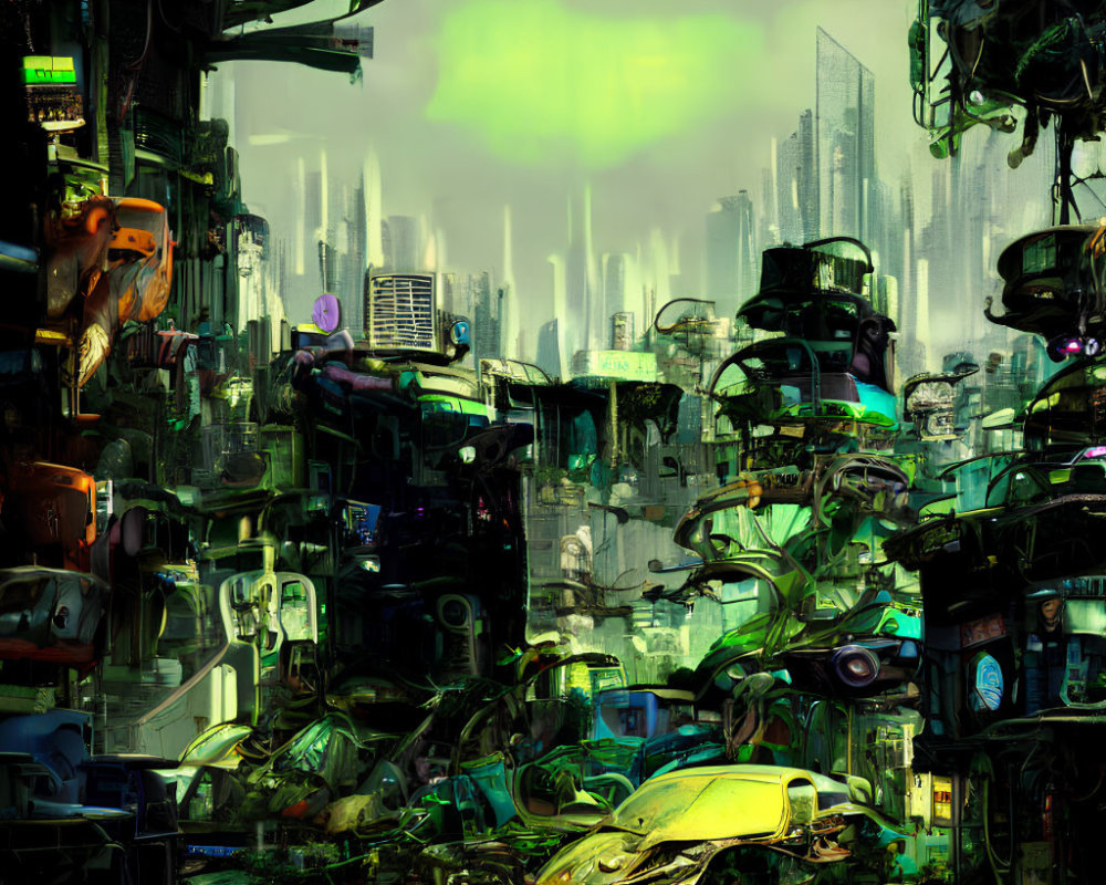 Dystopian cityscape with electronic waste and polluted sky