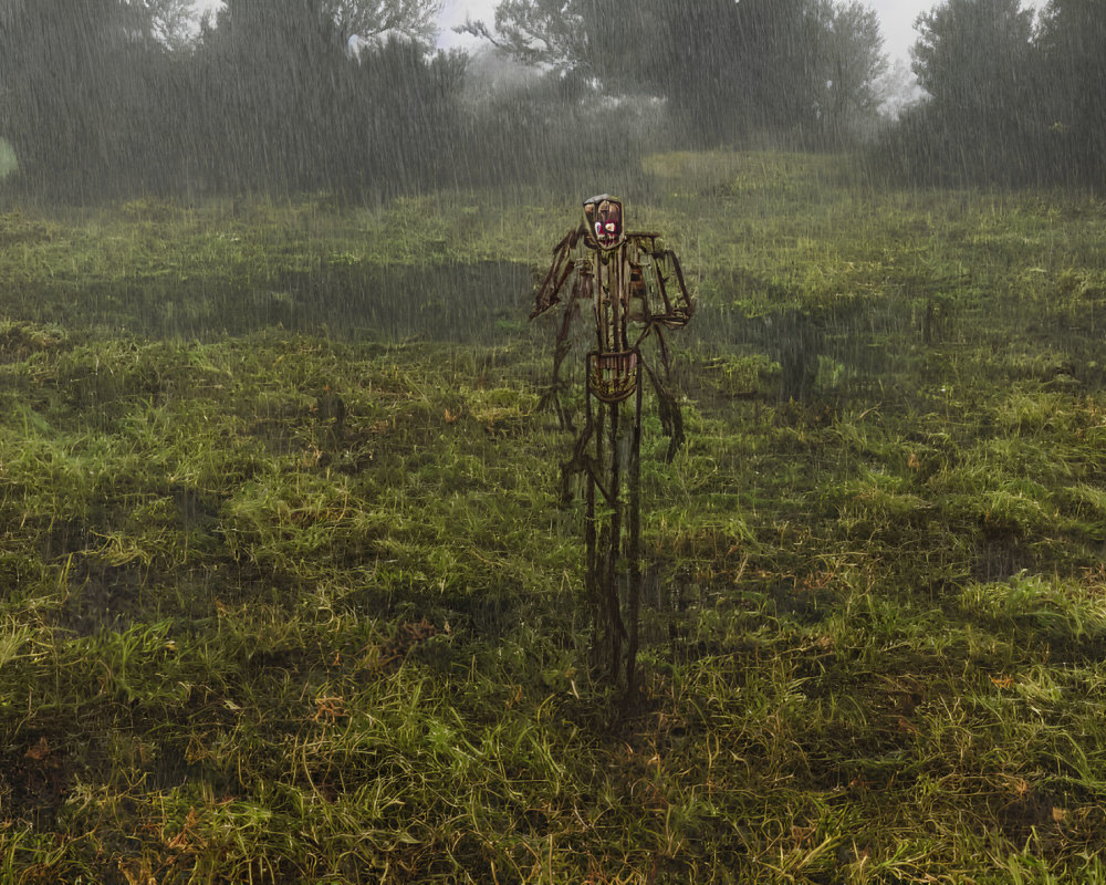 Creepy scarecrow in flooded field with paint-smeared face