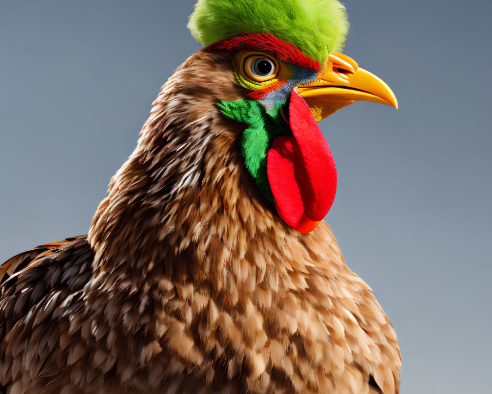 Detailed image of a chicken with green crest and wattle, showcasing textured feathers and sharp beak