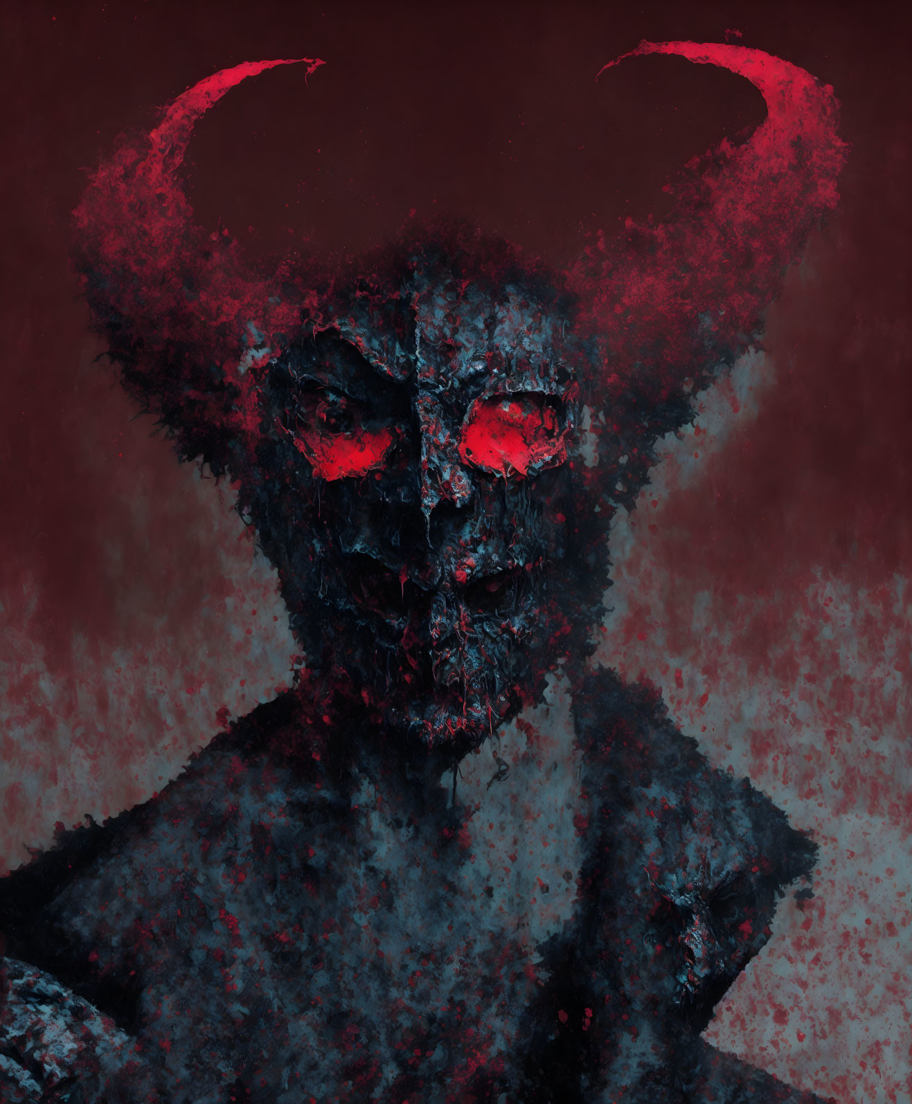 Sinister figure with glowing red eyes and horns on dark crimson background