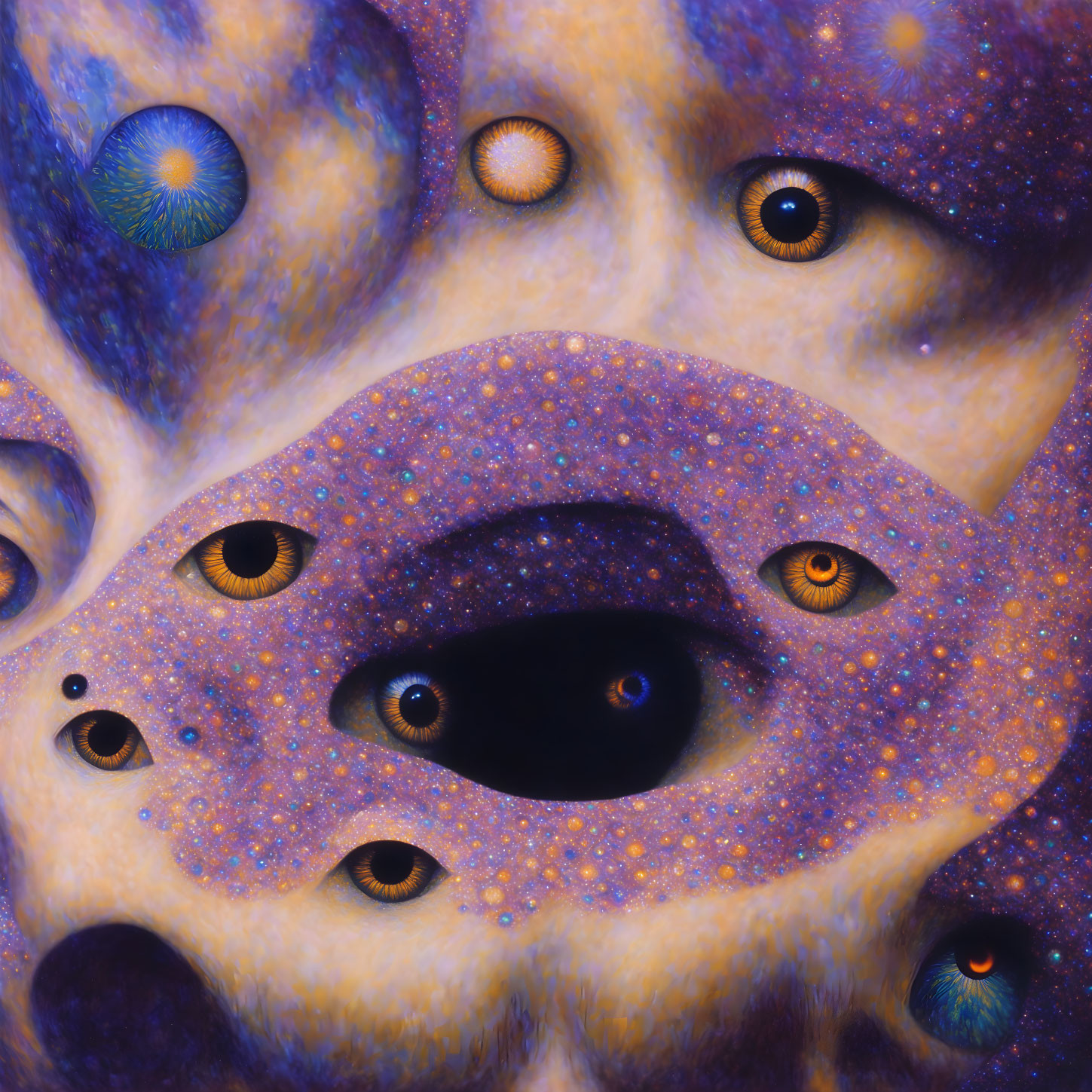 Collection of surreal eyes and mouths on cosmic purple background