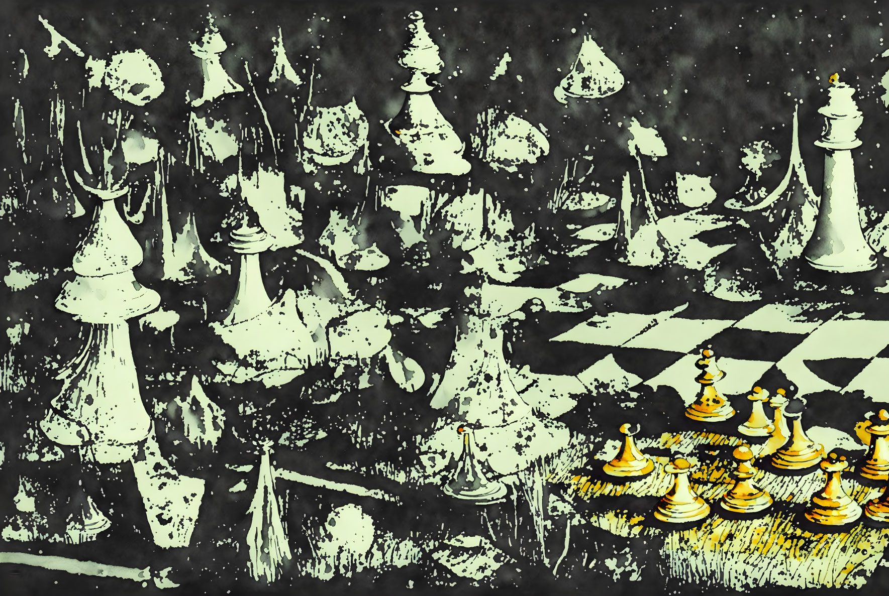 Chessboard Art: Black and Yellow Stylized Image of Mid-Game Scenario with White King