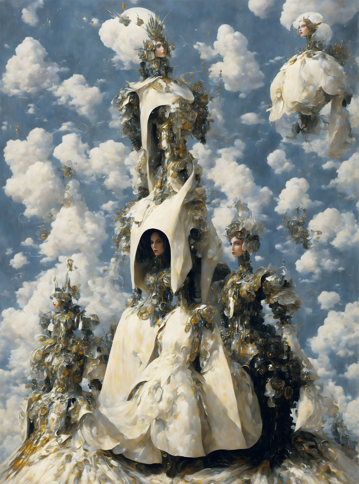 Surreal painting with three figures in ornate gowns blending architecture and sky.