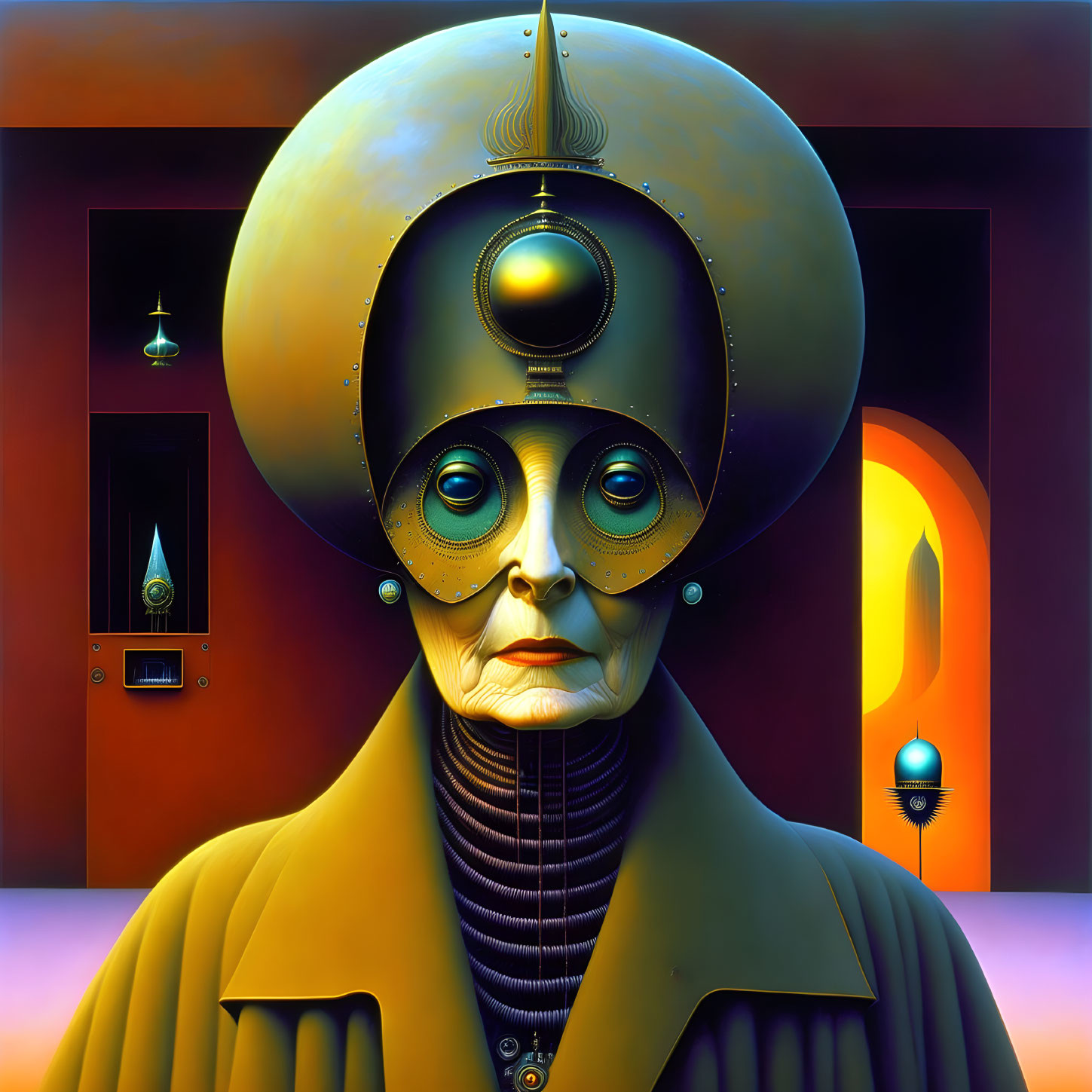 Colorful surreal portrait featuring figure with oversized futuristic helmet and circular goggles.