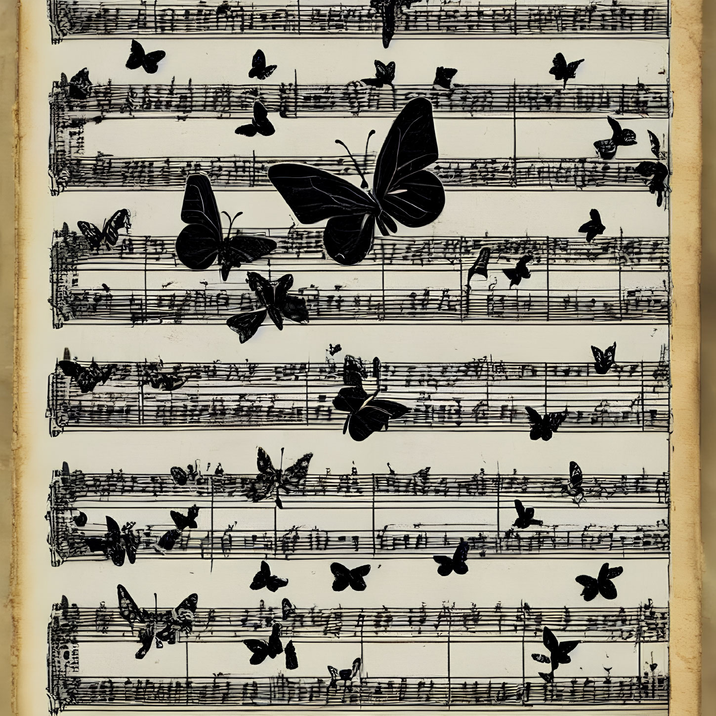 Vintage Sheet Music Featuring Black Butterflies and Small Birds on Yellowed Background