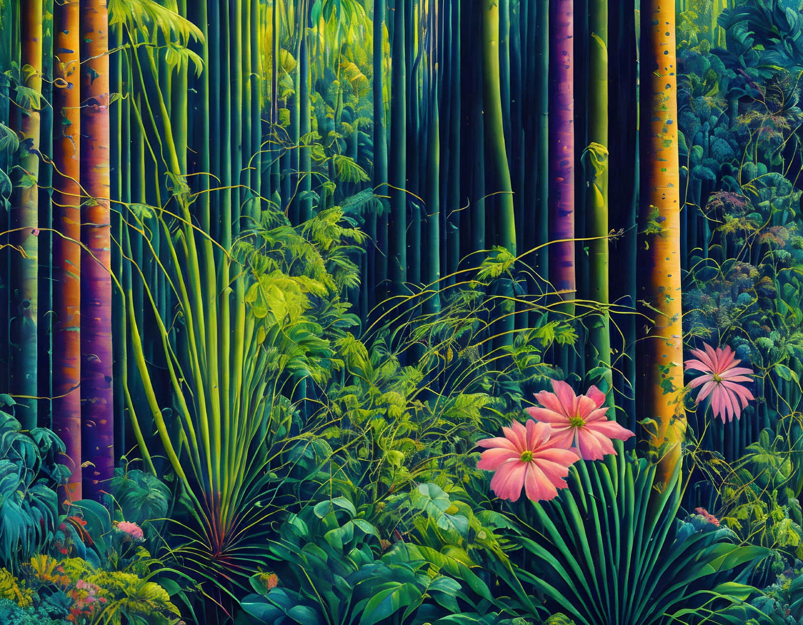 Colorful Bamboo Forest with Pink Flowers and Greenery