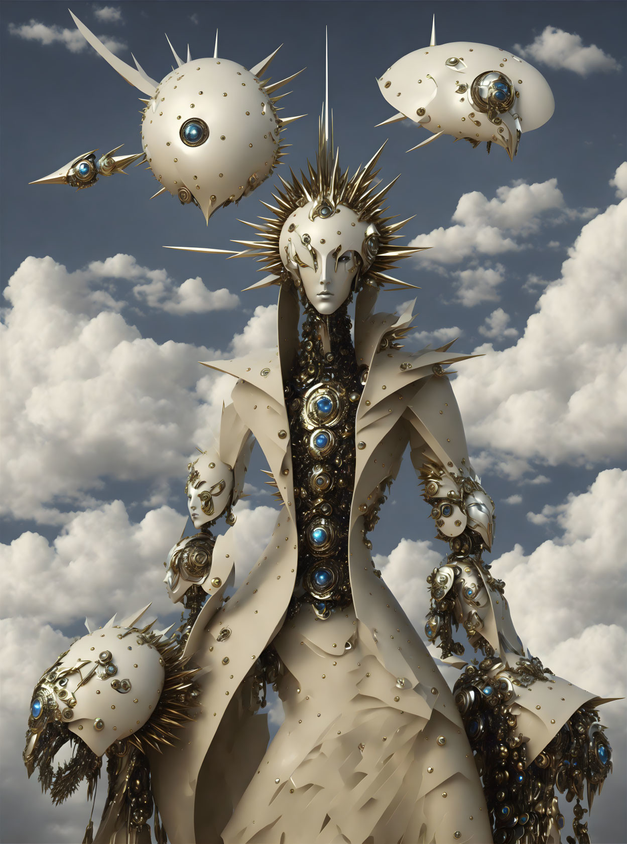 Surreal figure in metallic attire with blue gemstones against cloudy sky.