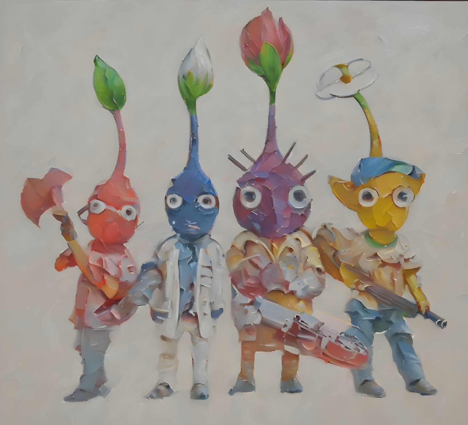 Vibrant anthropomorphic plant band with musical instruments on light background