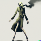 Articulated limbs figurine in gas mask and green coat walking pose