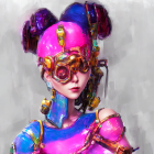 Vibrant purple hair, shiny blue and pink dress, gold heart-shaped mask