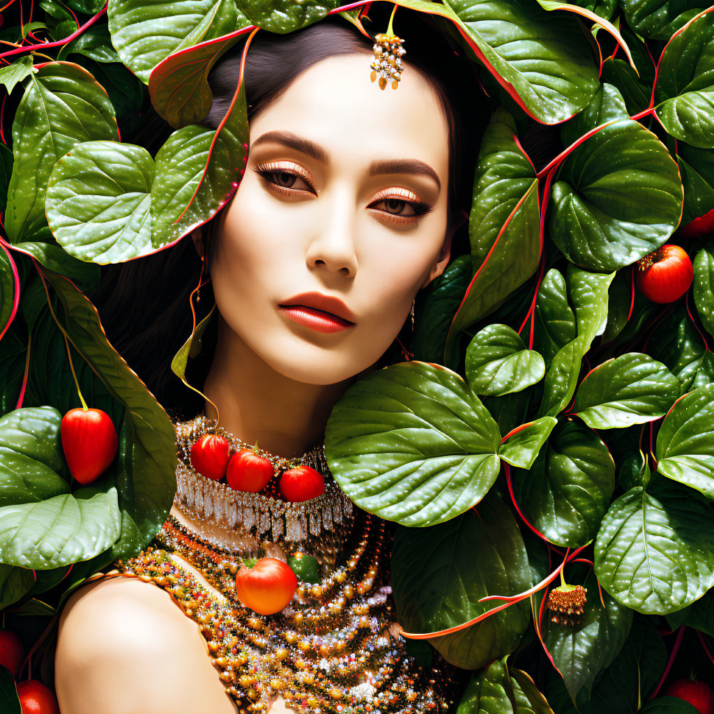 Woman with elegant jewelry among lush green leaves and red berries