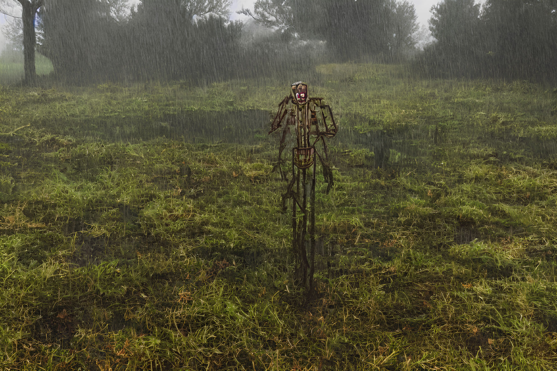 Creepy scarecrow in flooded field with paint-smeared face