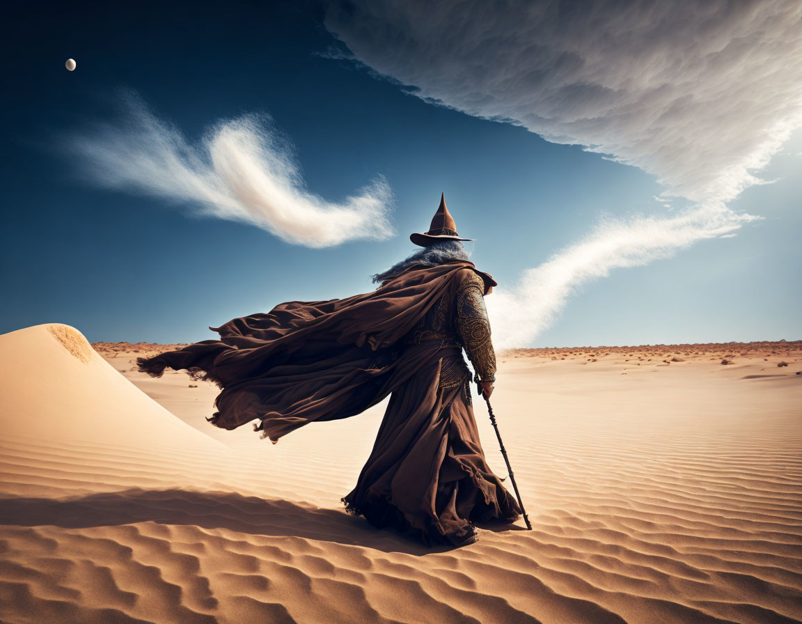 Robed Figure with Staff Walking Towards Sand Dune at Night