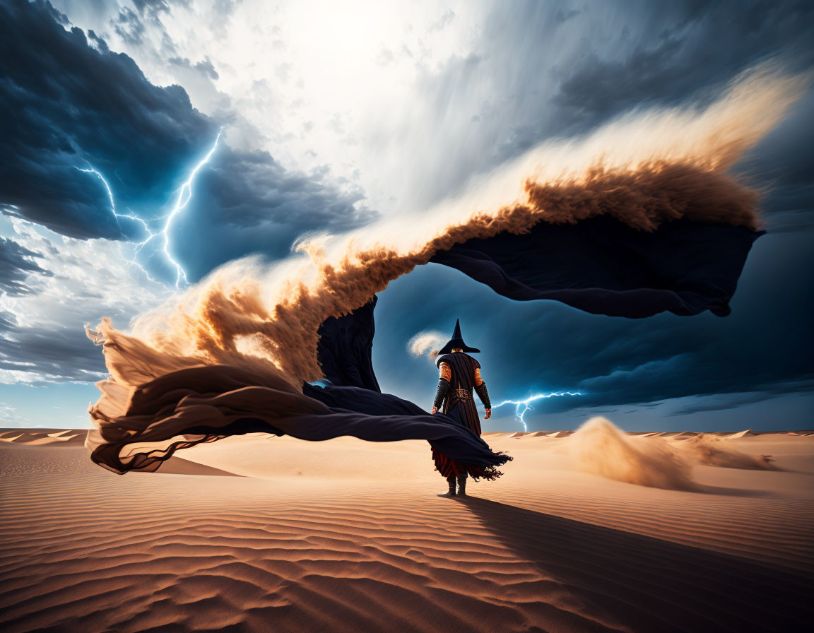 Traditional attire person in desert with dramatic sky and lightning strike.