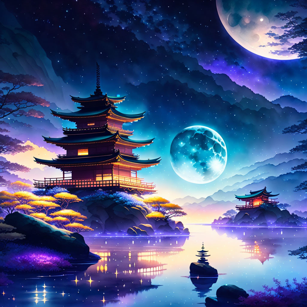 Digital artwork of Asian-style pagoda by tranquil lake under starry sky