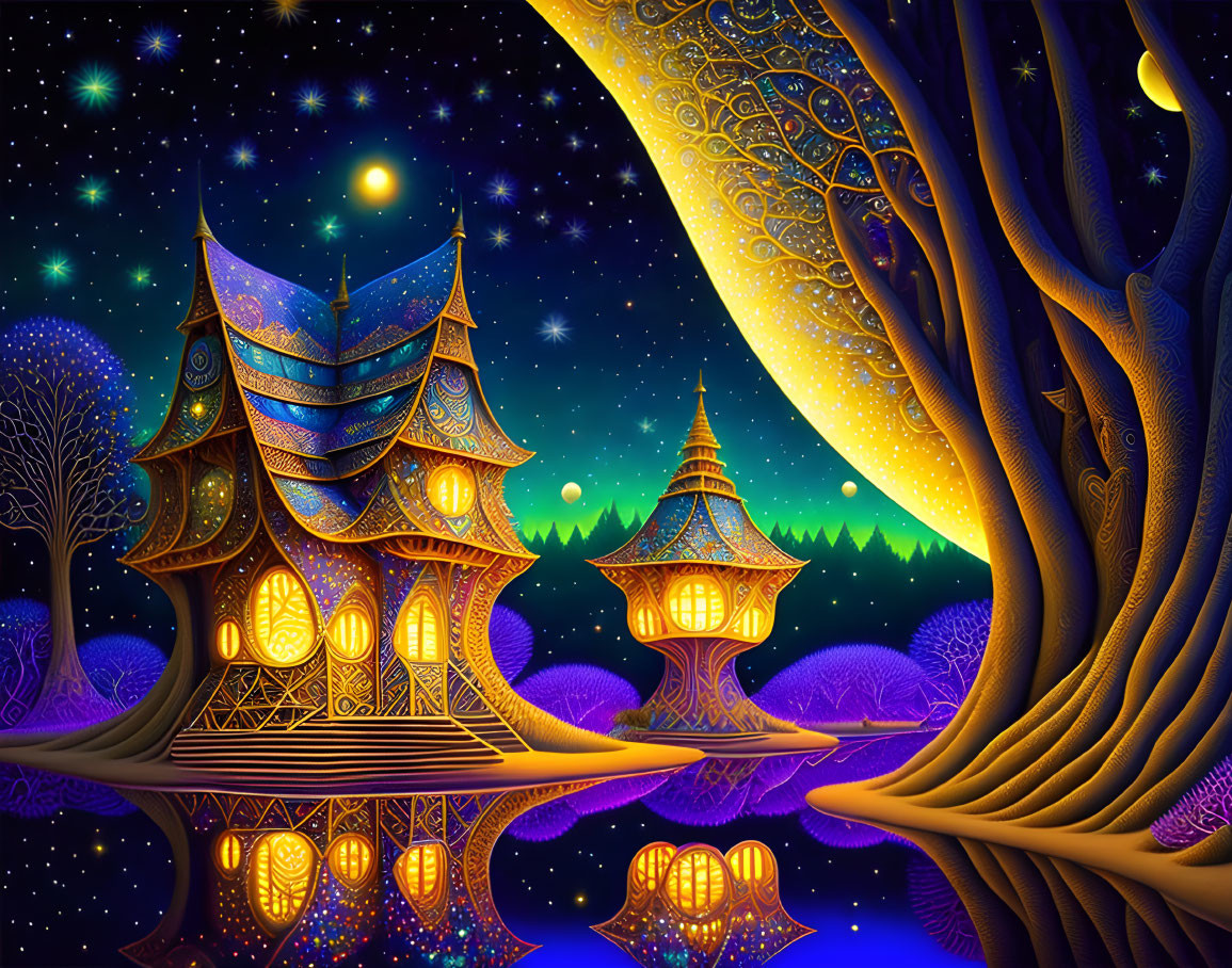 Vibrant starry sky over glowing fantasy castle and illuminated trees