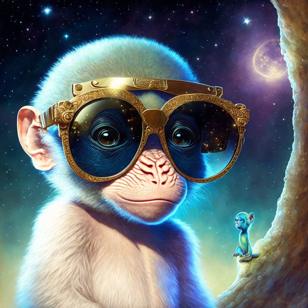 Blue-faced monkey with golden glasses in starry night sky.