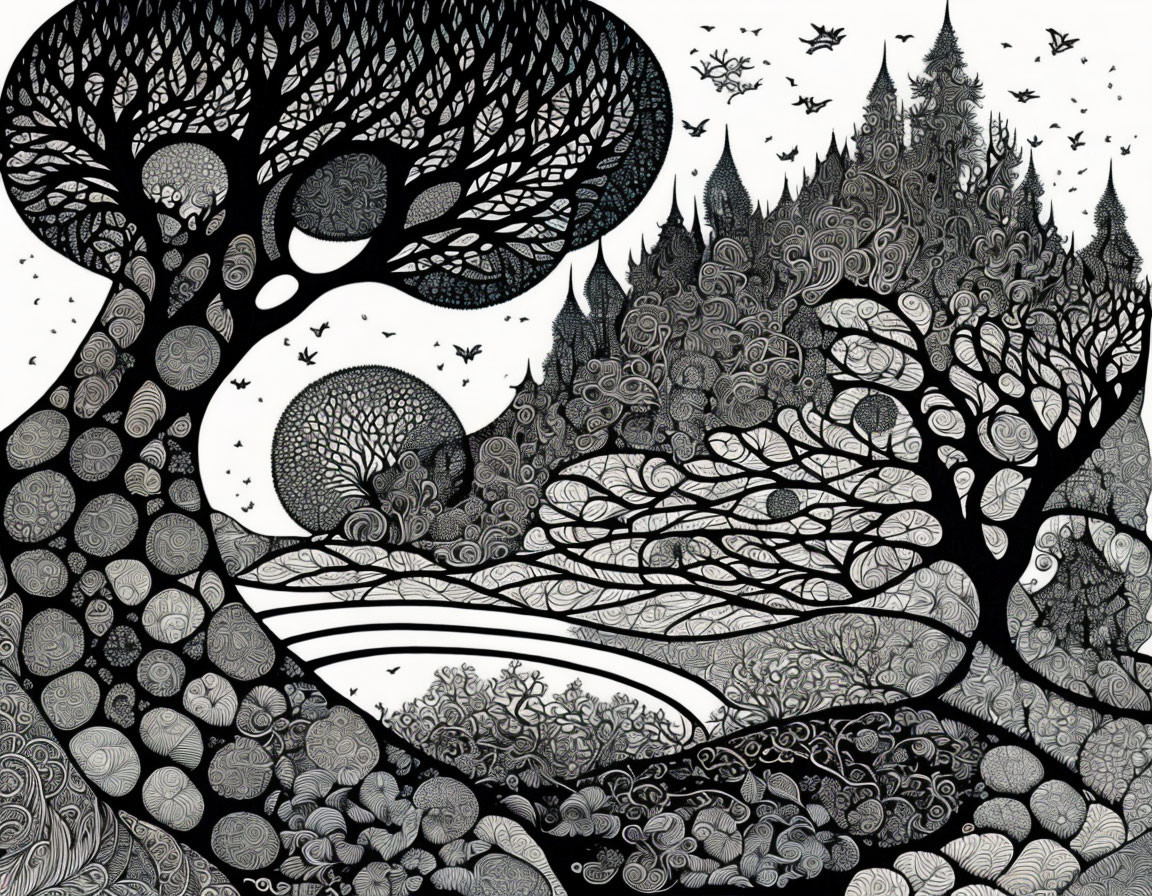 Detailed Black and White Pen Illustration of Trees, River, and Castle