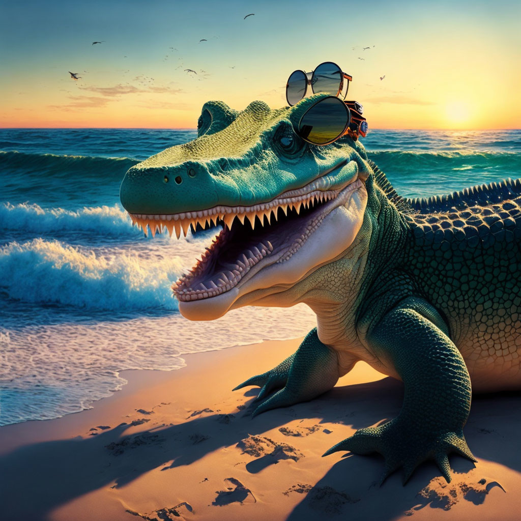 Anthropomorphic crocodile wearing sunglasses on beach at sunset