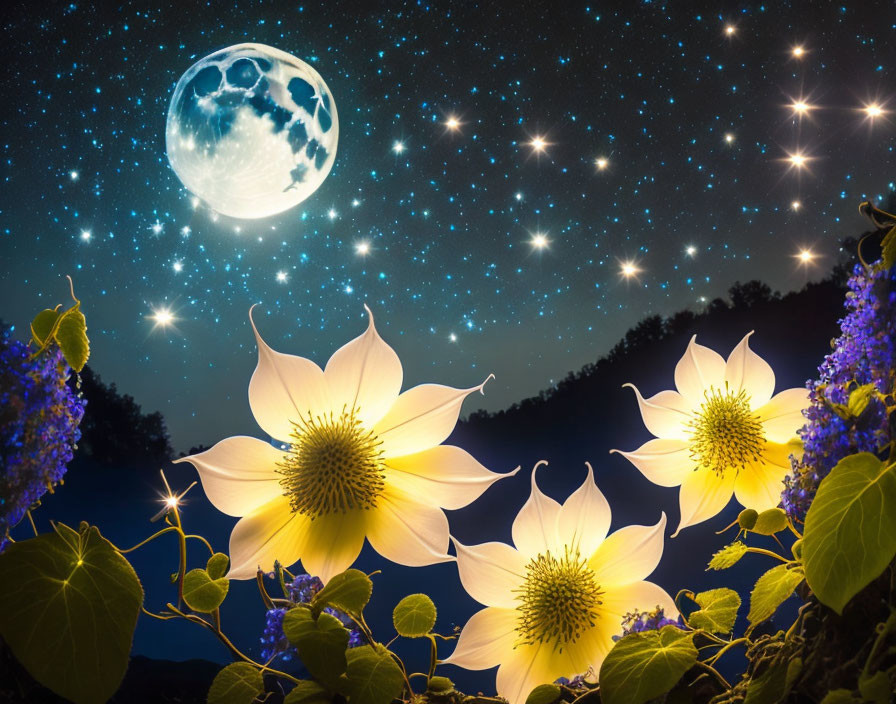 Full Moon and Stars Illuminating White Flowers in Night Sky