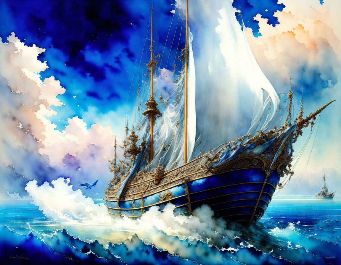 Majestic sailing ship painting on surreal sea with colorful sky