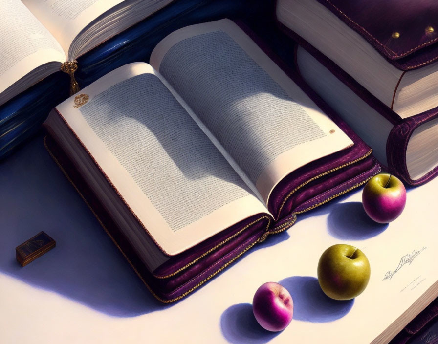 Open book with white pages among books and apples on table with soft lighting