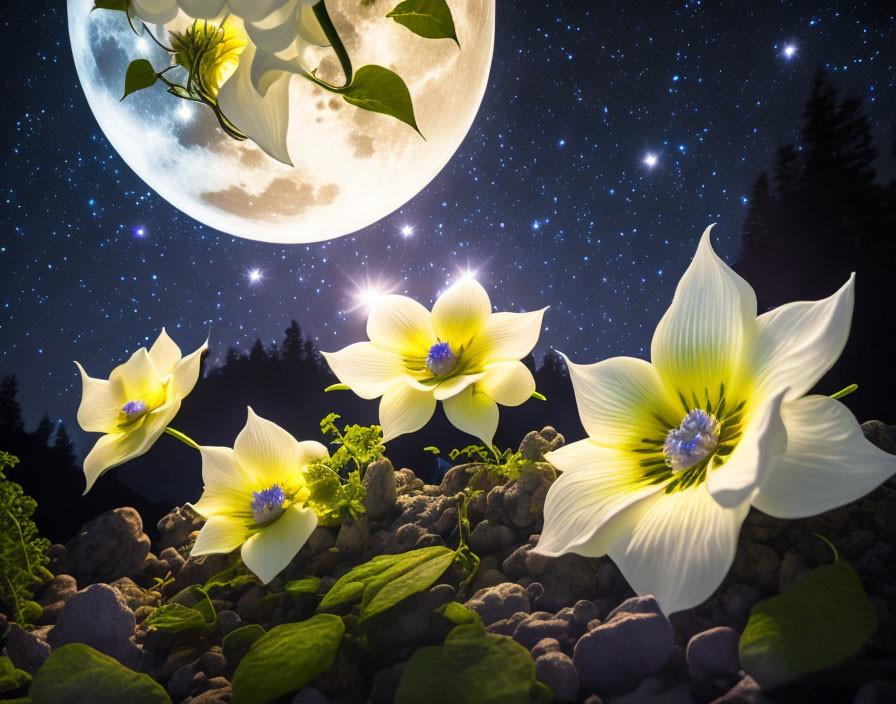 Moonlit white flowers among rocks and greenery under starry sky