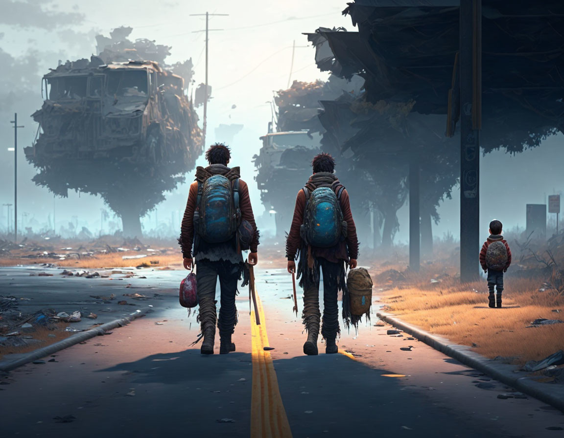 Three individuals with backpacks in post-apocalyptic scene.